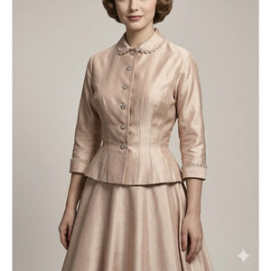 VTG 50s Prestige Jr New York Silk Shantung Skirt Set Sm Pink Peplum Rhinestone